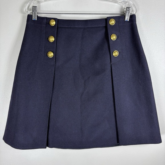 J Crew Women's 14 Navy Blue Wool Gold Sailor Button A Line Front Box Pleat Skirt - Picture 1 of 5